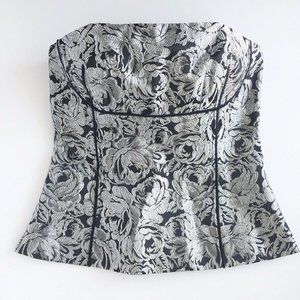 WHBM Black Silver Metallic Floral Brocade Bustier